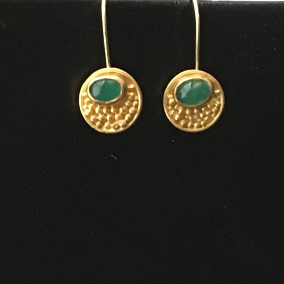 22K Gold Granulated Emerald Cabochon Drop EarrIngs - Picture 3 of 8